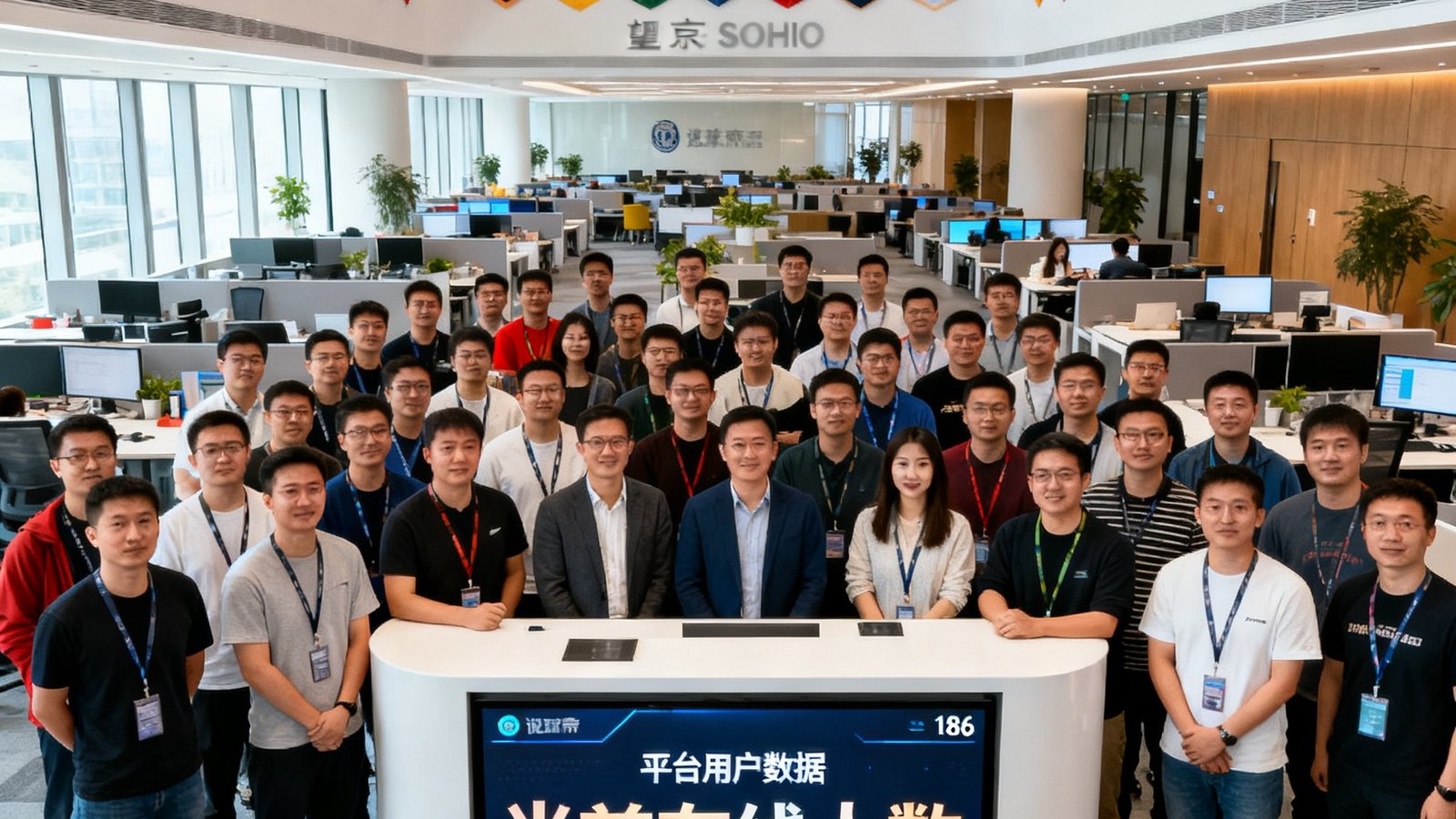 说球帝团队186名员工在望京SOHO办公室的全体合影，背景是开放式的现代化办公空间，墙上挂着各联赛球队旗帜，前台显示屏实时滚动着平台用户数据和当前在线人数