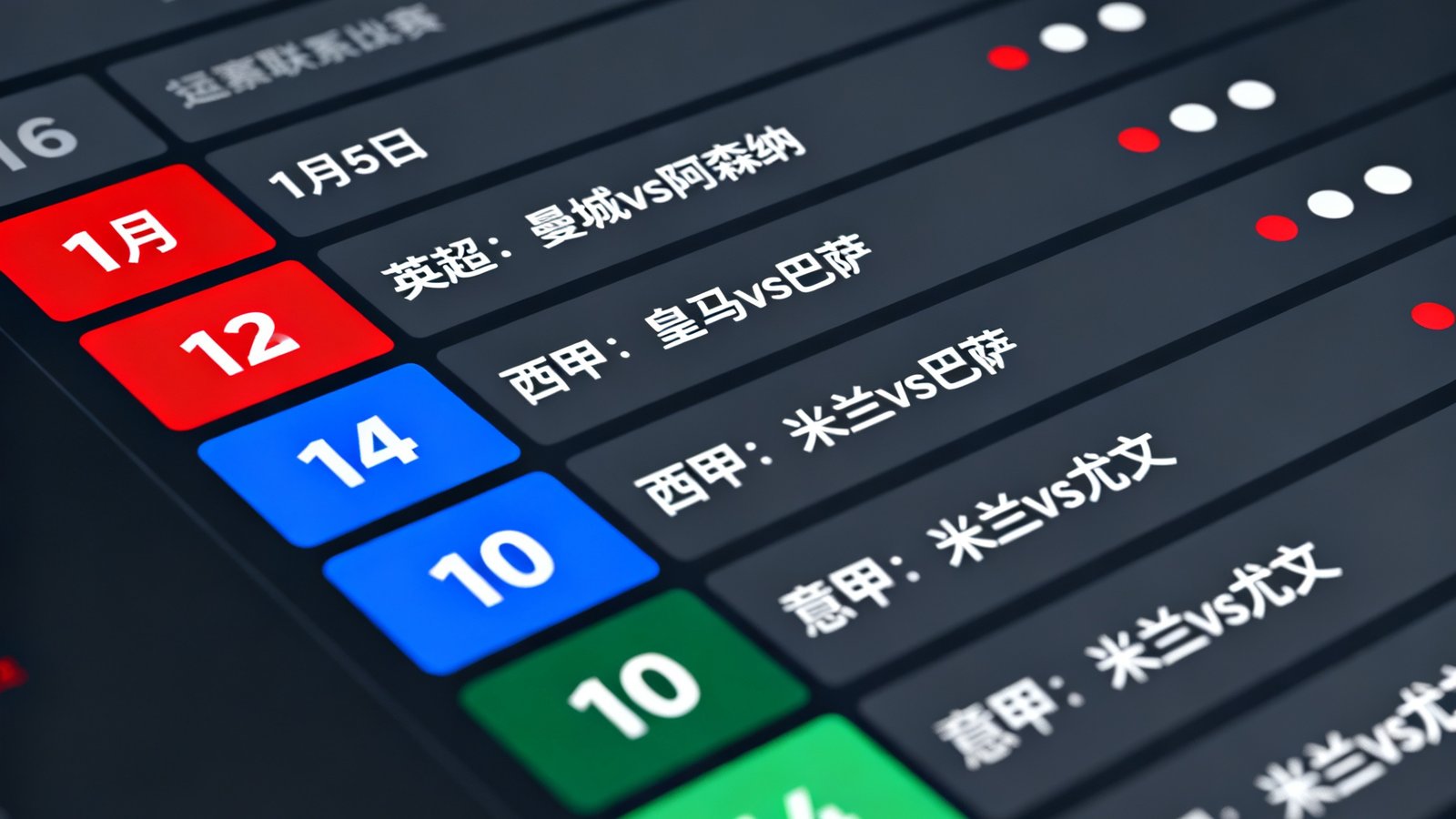 一个设计精美的赛程日历界面，以深色主题展示1月份所有焦点足球赛事的日期和对阵信息，不同联赛用不同颜色标记，日期格子上有小圆点指示比赛密度
